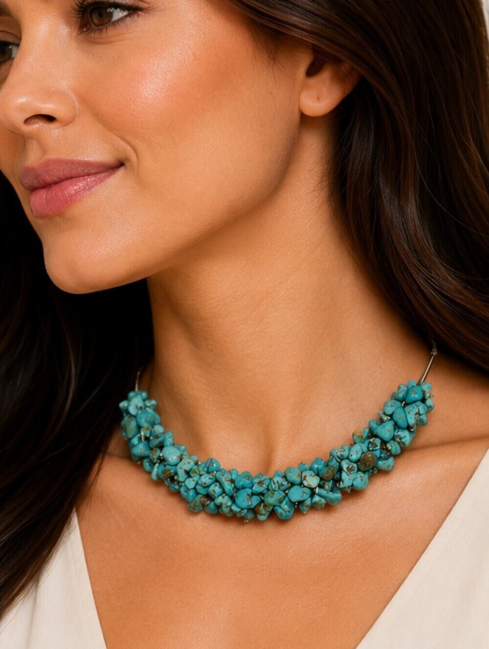 Cowboy Core WESTERN Turquoise Cluster Chip Beaded Wire Collar Necklace